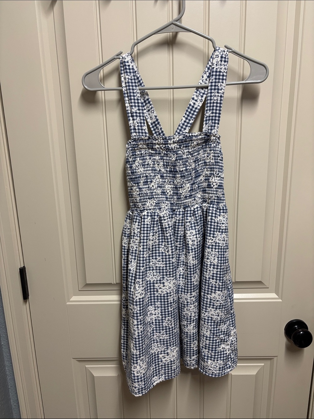 Women’s Blue Gingham Floral Sundress with Smocked Bodice